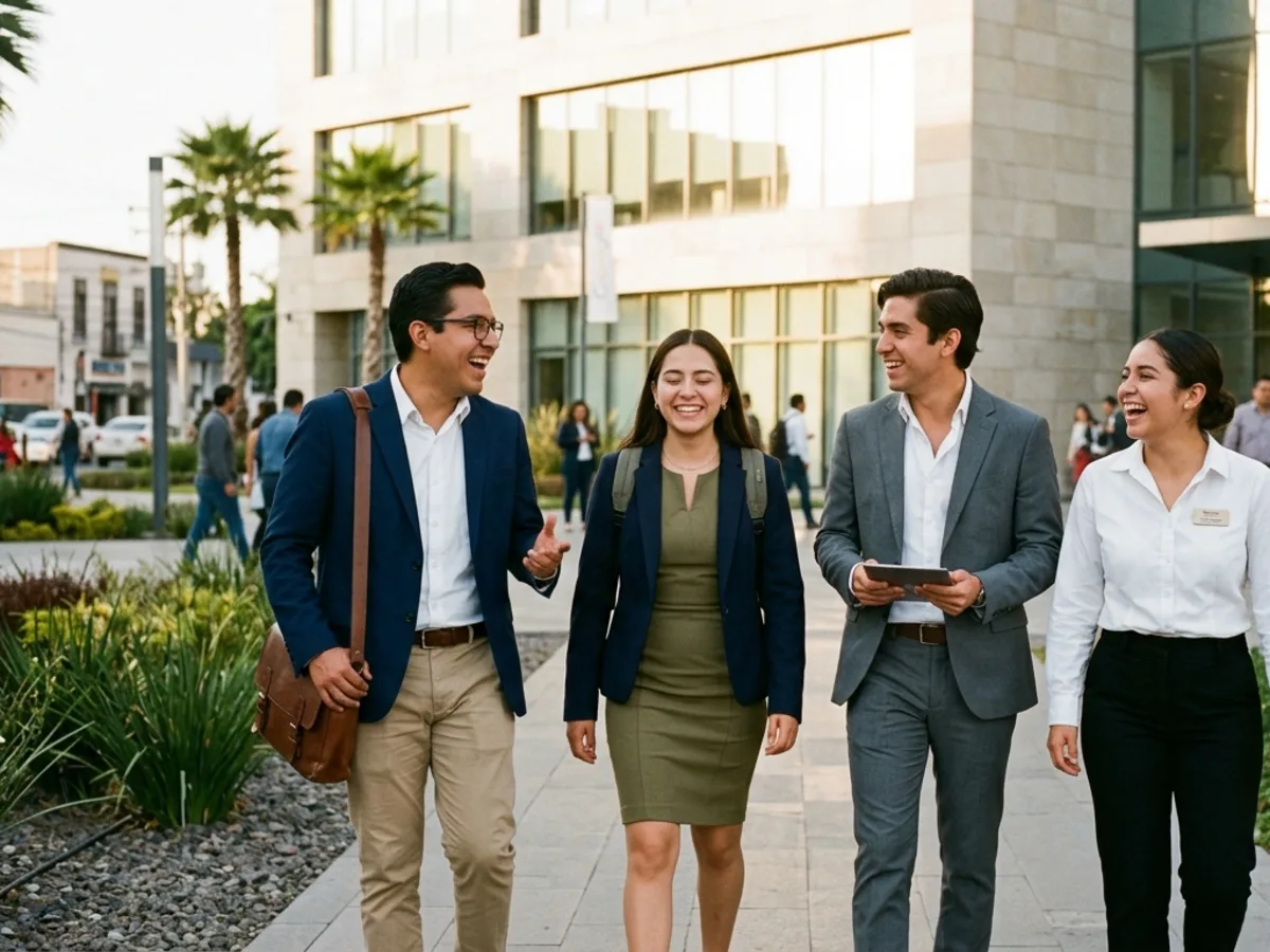 Jóvenes profesionales caminando juntos frente a una oficina corporativa