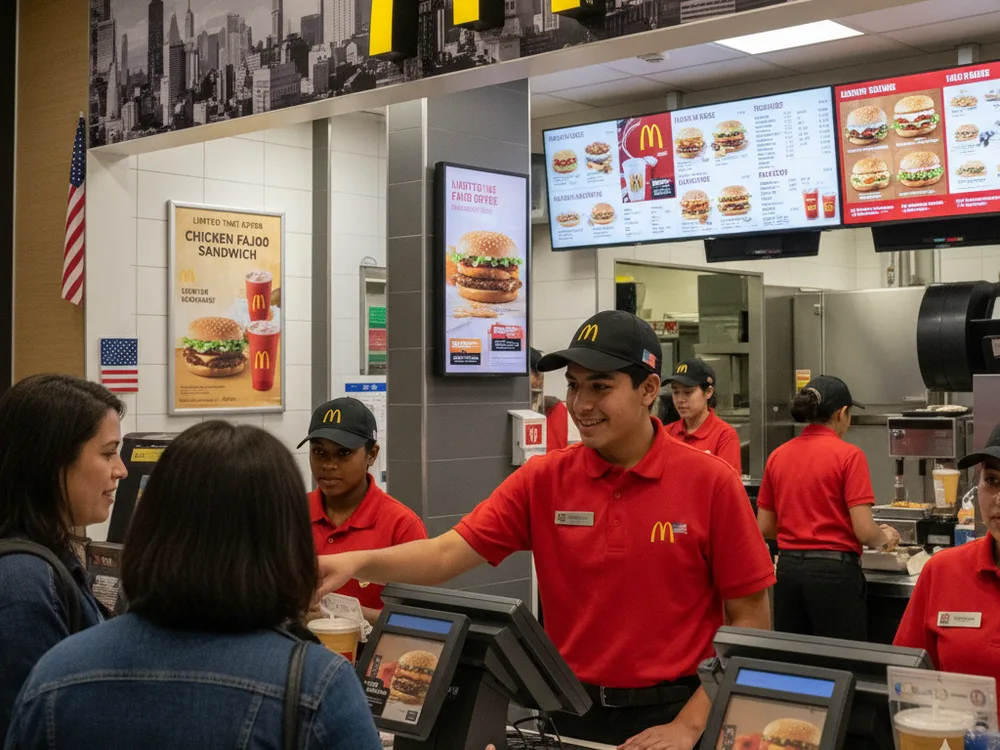 Participantes trabajando y atendiendo clientes en un restaurante de comida rápida en Estados Unidos